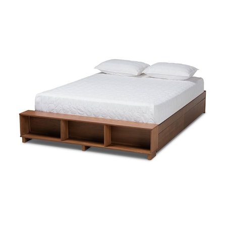 Baxton Studio Arthur Walnut Wood King Size Platform Bed with Built-In Shelves 164-10670